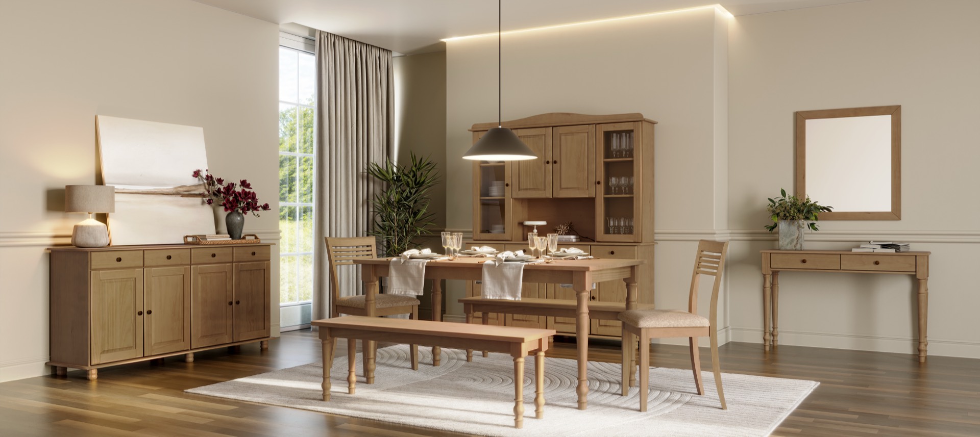 Sala de jantar com mesa, banco, cadeiras e buffet de madeira
