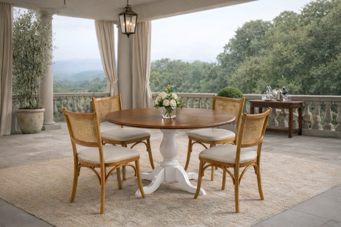 Conjunto de jantar redondo clássico com cadeiras em palhinha — ref. 009